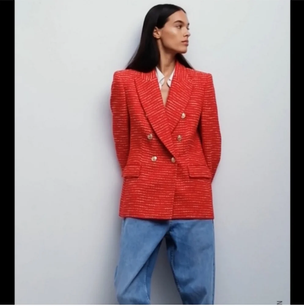 Zara * Textured Tweed Double Breasted Blazer Red Size XS